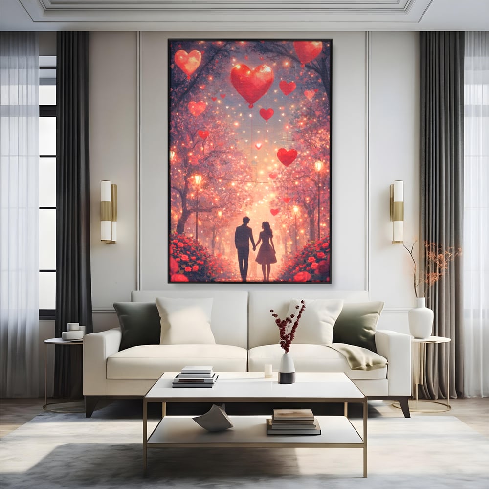 Tablou canvas cu ilustratie cu un cuplu pe alee, in rama de aluminiu negru, pe perete intr-un living